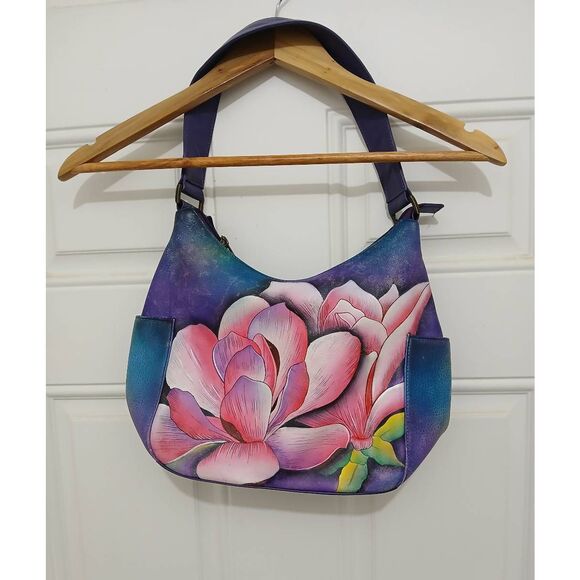 Anuschka womens hand painted genuine leather handbag purple pink hobo bag - Picture 2 of 8